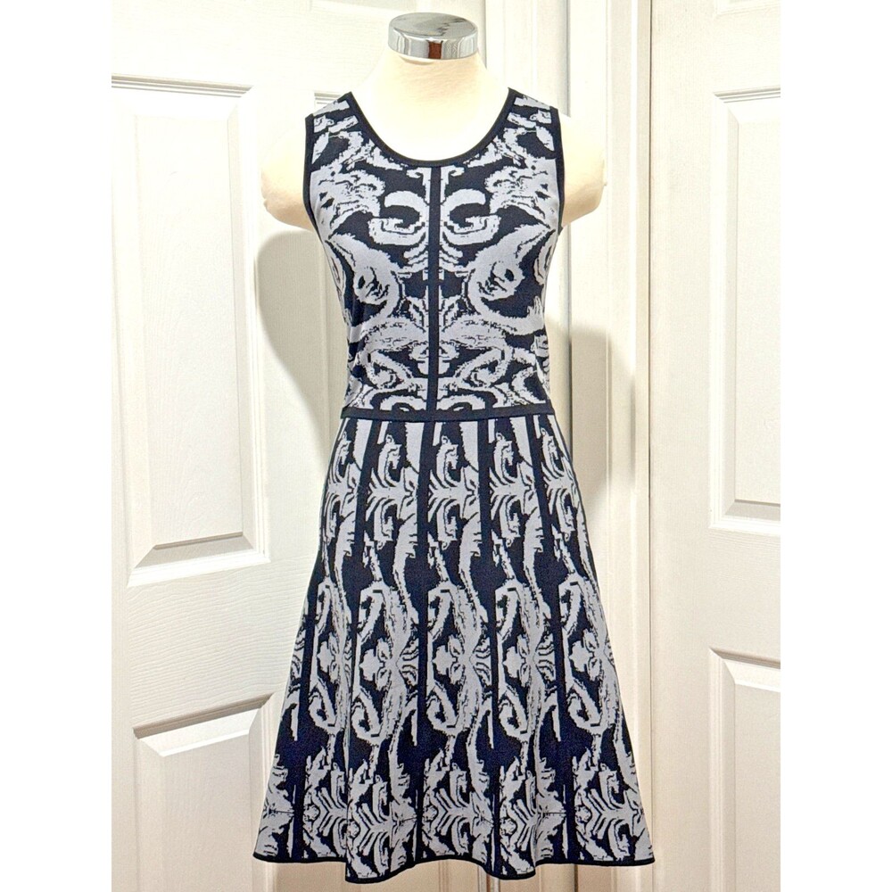 CARMEN MARC VALVO Valentine Black Grey Fit & Flare Art to Wear Sweater Dress MED
